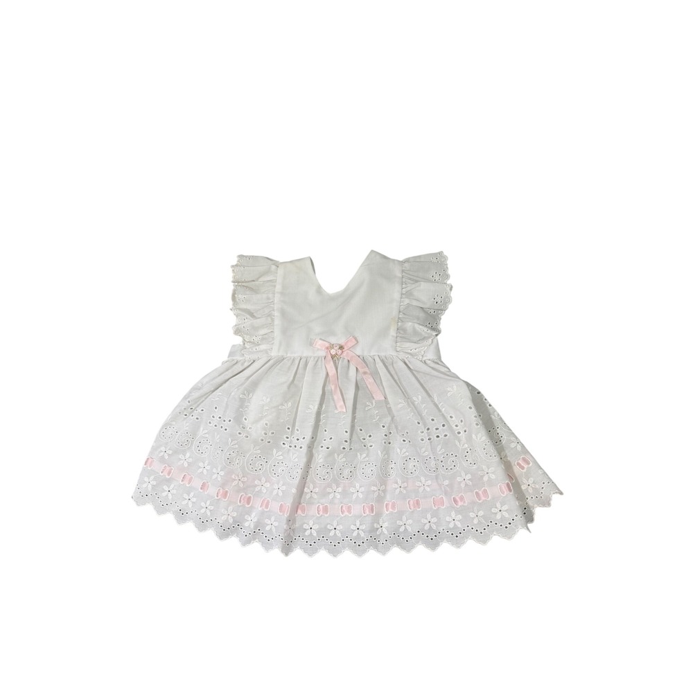 Vintage White Eyelet Ruffle Dress Pink Ribbon Bow 18 Months Baby Girl Cottage